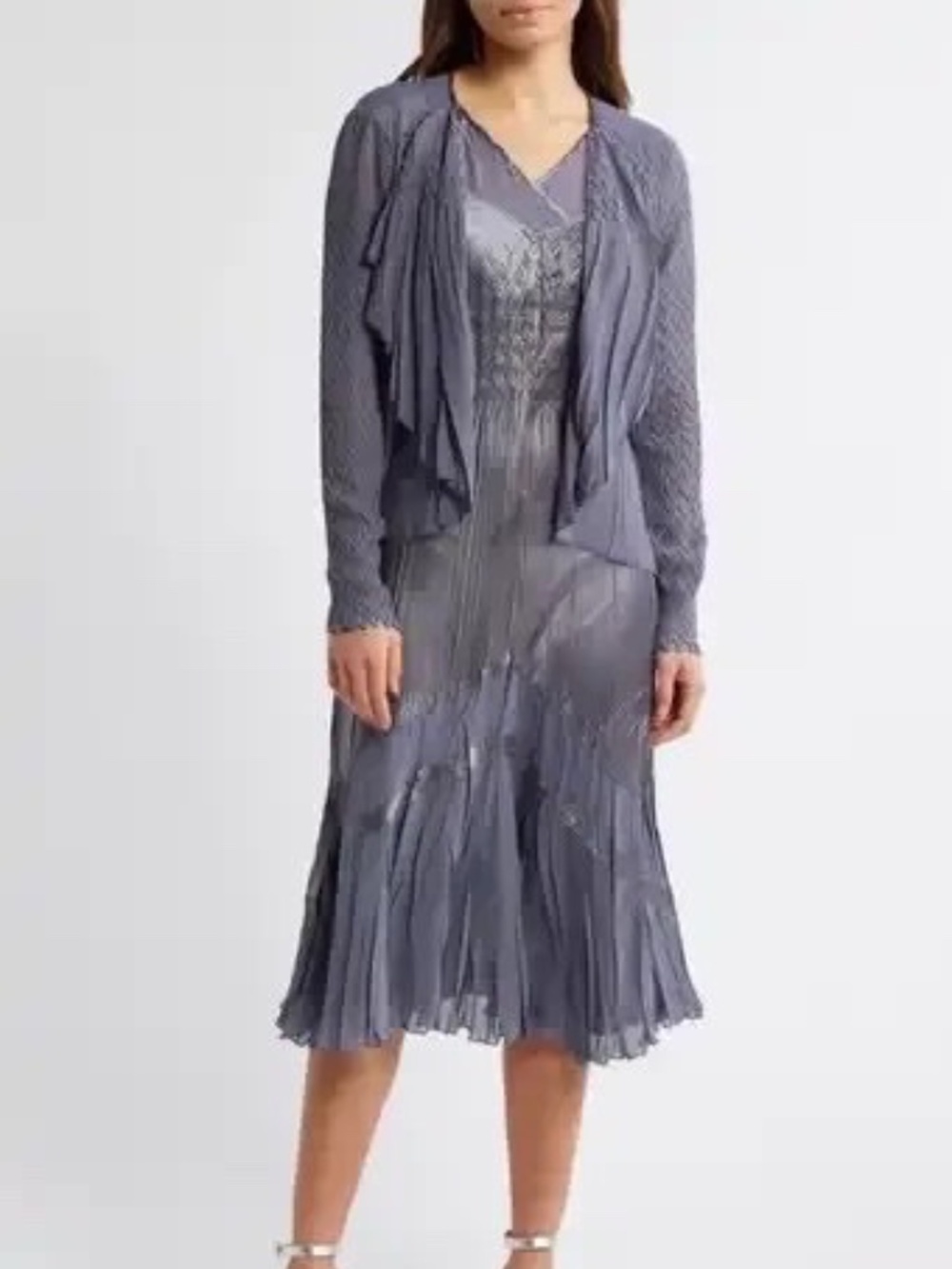 $460 Unworn Komarov Textured Charmeuse & Chiffon Dress & Jacket Set in Steel